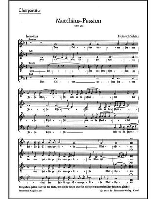 ハインリヒ・シュッツ／マタイ受難曲 SWV 479(SATB Choral スコア)《輸入合唱パート譜》
