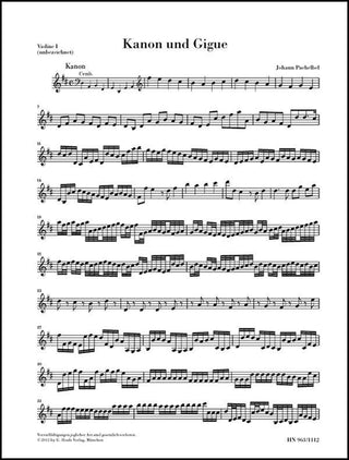 パッヘルベル／カノンとジーグニ長調 《Violin 1・パート譜》(原典版/ヘンレ社)《輸入弦楽四重奏楽譜》の画像