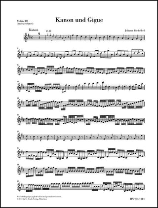 パッヘルベル／カノンとジーグニ長調 《Violin 3・パート譜》(原典版/ヘンレ社)《輸入弦楽四重奏楽譜》の画像
